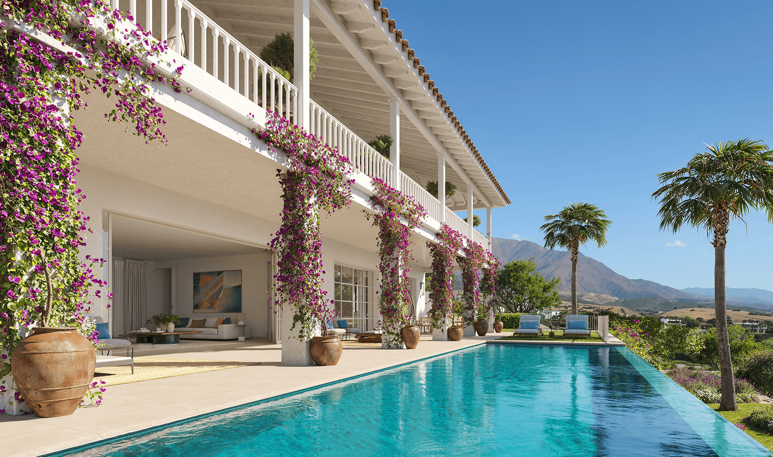 Swimming pool view, Finca Cortesín — Visualization